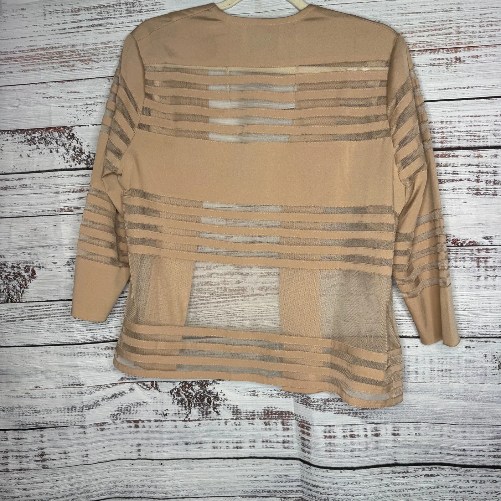 Reiss Beige Open Front Sheer Mesh Stripe Jacket Blazer Womens Small - Image 3