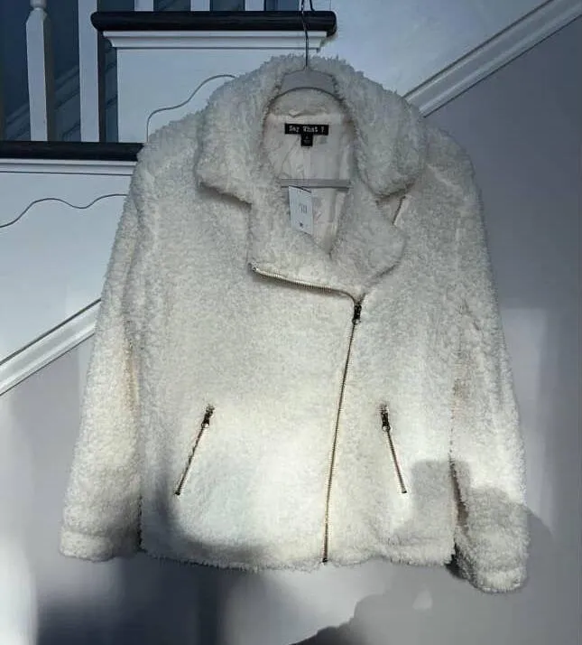 NWT Say What ? Fuzzy Ivory Sherpa Moto Jacket With Gold Zipper Size Small - Image 2