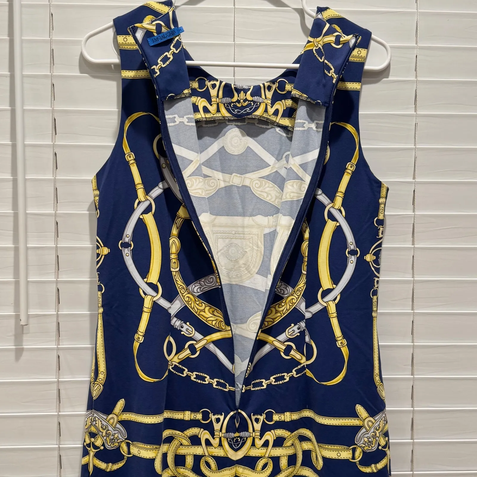 J McLaughlin Blue Gold Chain Equestrian Sleeveless liquid knit Sheath Dress Sz M Size M - Image 6
