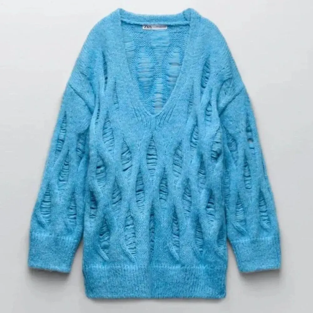 Zara Long Open Knit Sweater Wool Blend Ripped Blue - Image 3