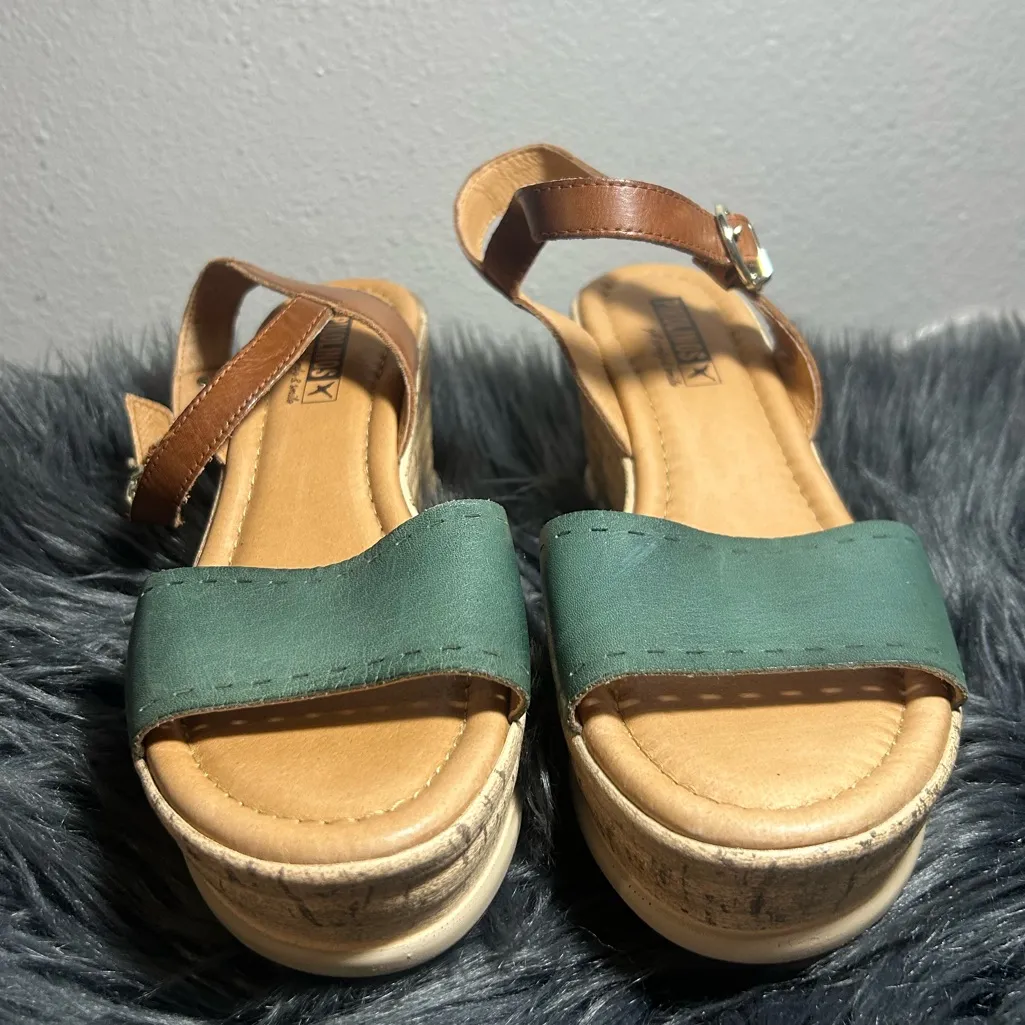 Pikolinos Leather Ankle Strap Miranda Emerald Green Brown Wedge Sandals Sz 40EU - Image 5