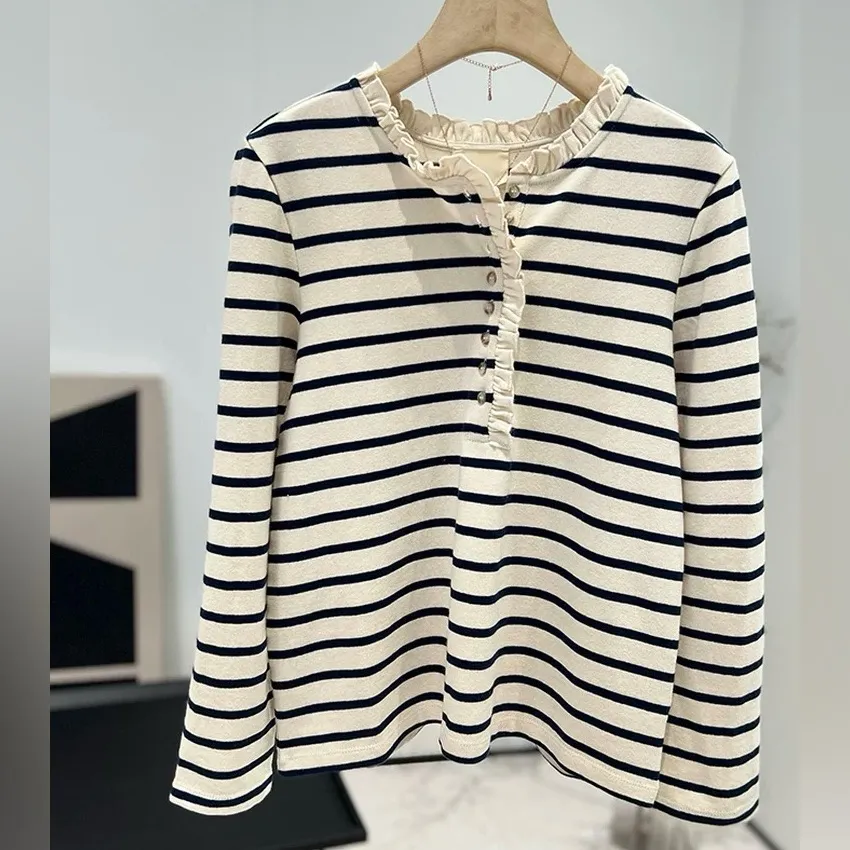 Sezane Gael Mariniere Striped Long Sleeve Top with Ruffles - Image 3