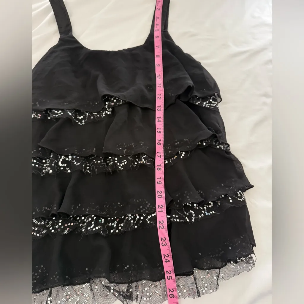 Y2K Vintage Black Ruffle Tank Top Silver Sequin Satin Strap Layered Glam Shirt - Image 5