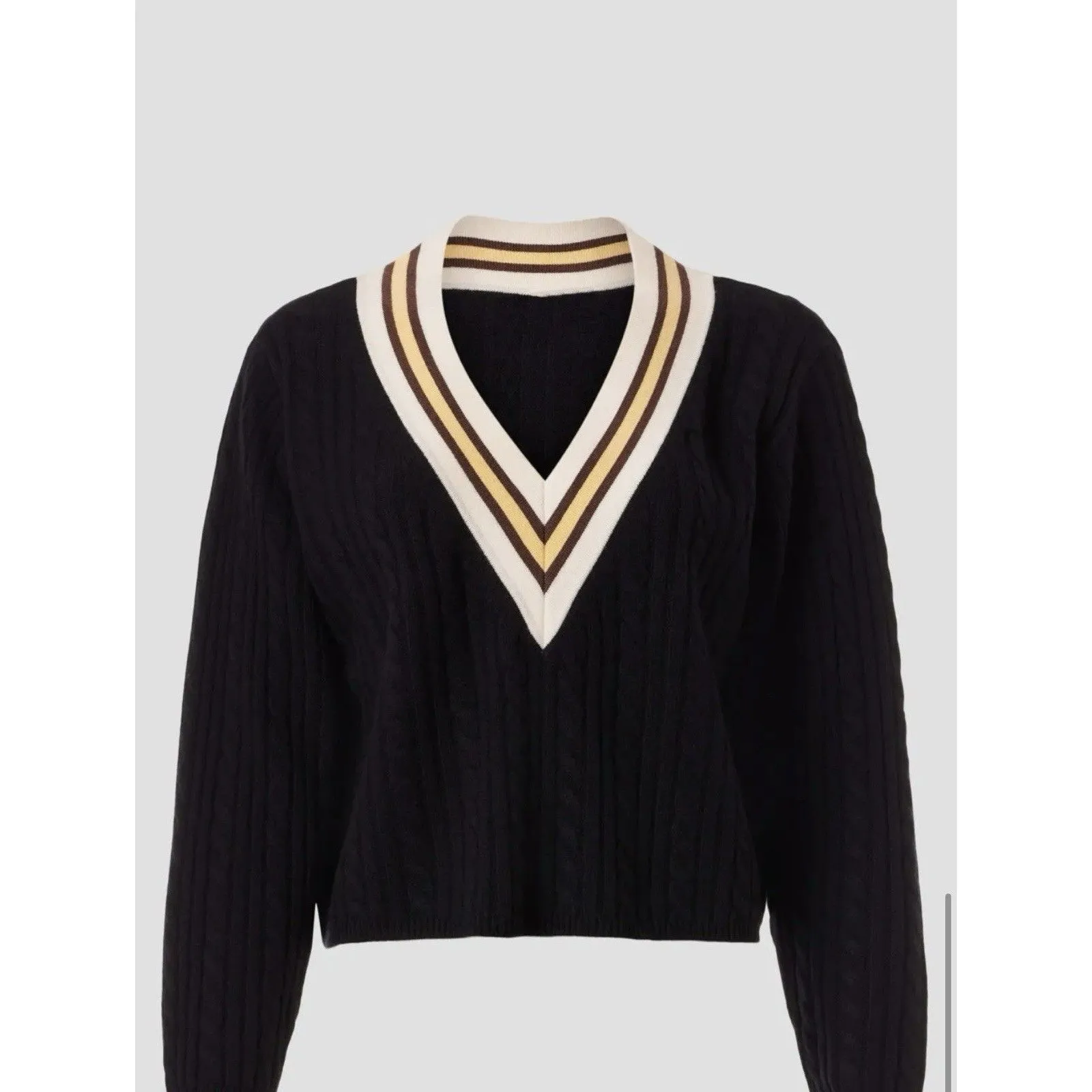 Sandro V-neck cable-knit sweater in black wool and cashmere Size Small - Image 4