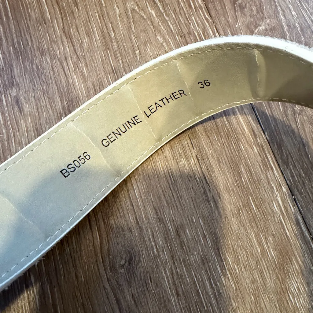 White Leather Belt Mosaic Rhinestone Buckle Size 36 - Image 4