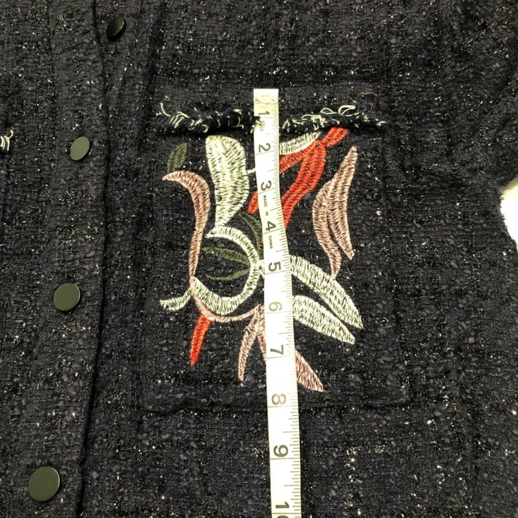 Foxiedox Embroidered Oversized Tweed Boho Cropped Jacket Frayed Edge Boxy Small - Image 10