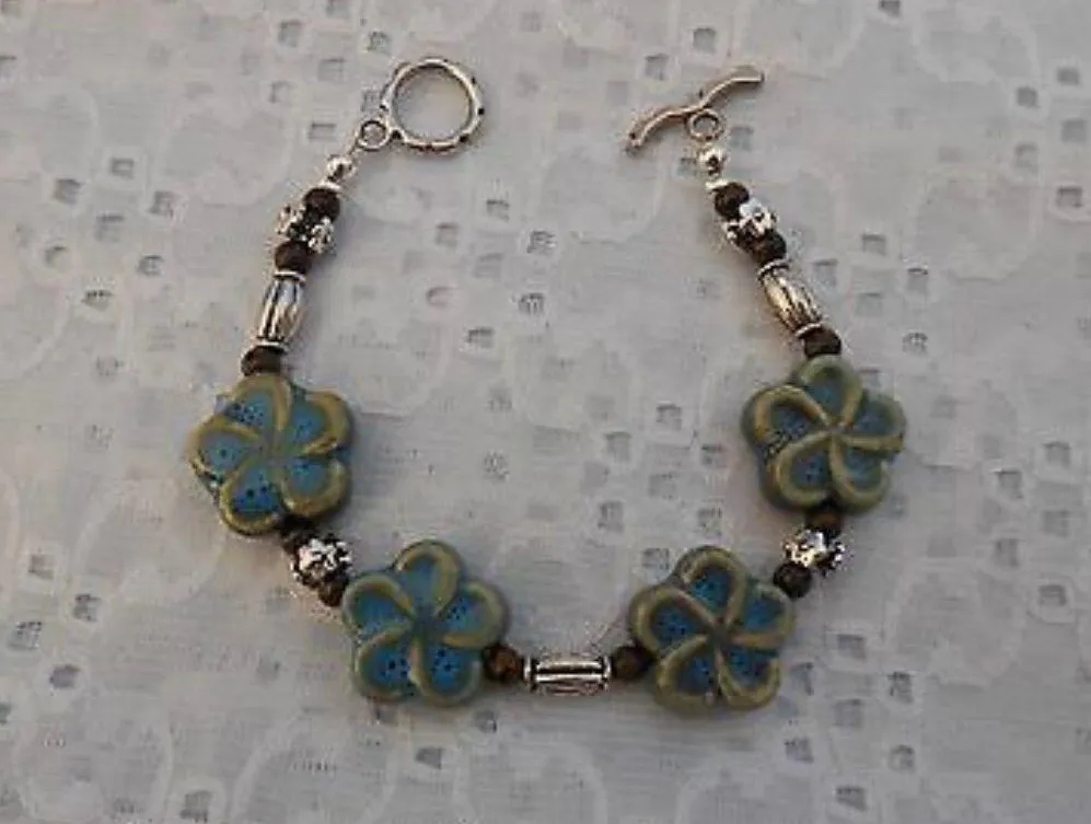 NEW!  Earthy Beaded Toggle Bracelet W Ceramic Flower Beads. 7.25” - Image 2