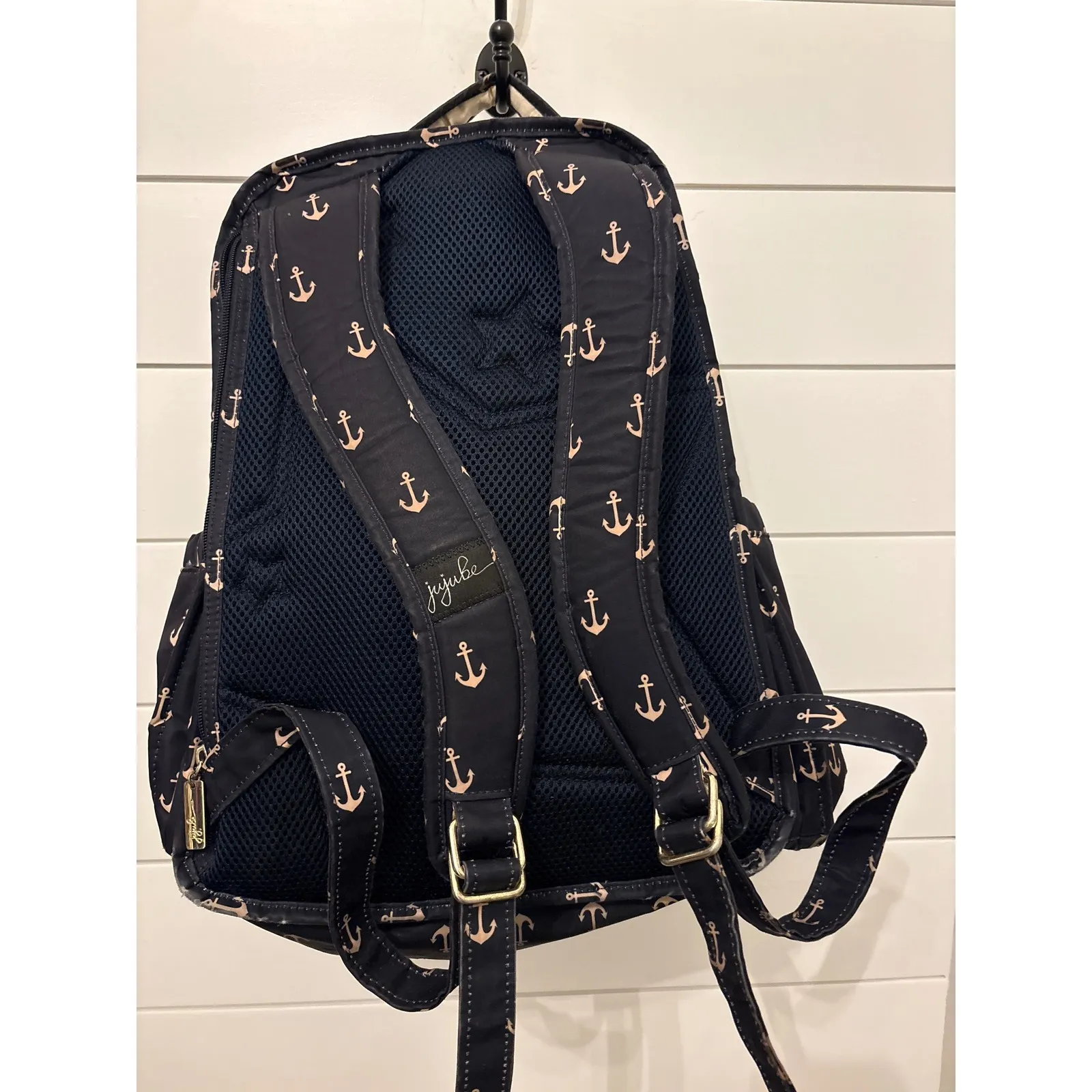 JuJuBe Navy Anchor Print Backpack Diaper Bag Gold Hardware Blue - Image 4