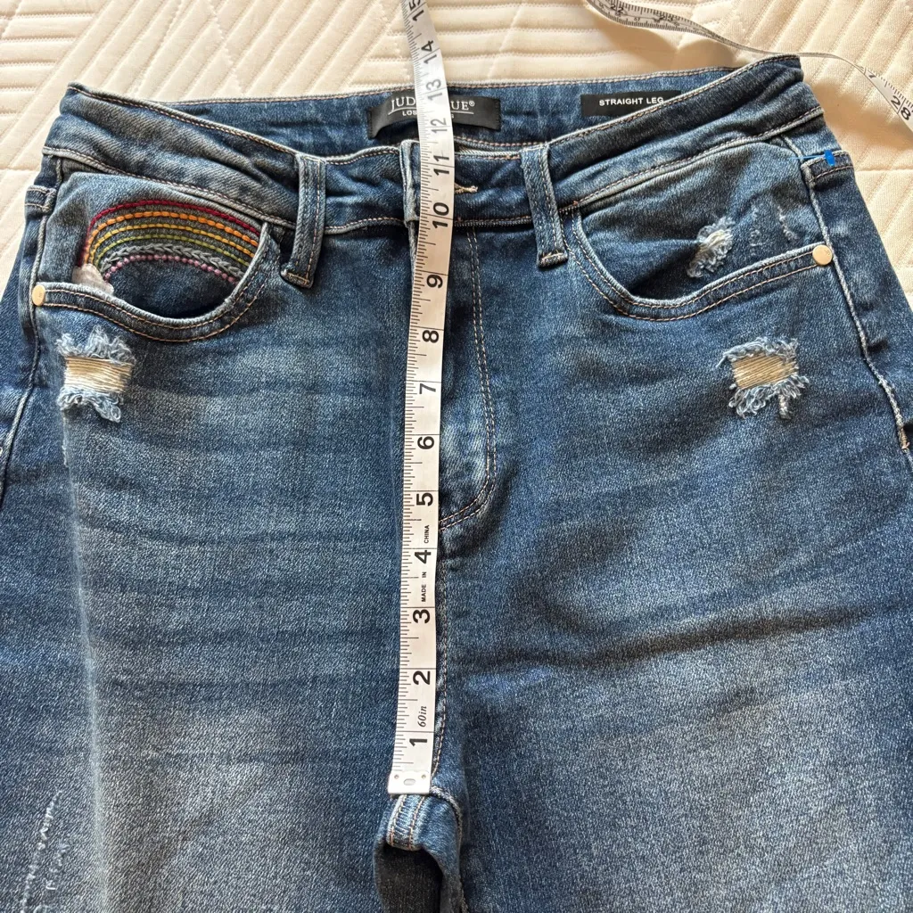 Judy Blue Rainbow Embroidered Womens Sz 30 Straight Leg Cropped Distressed Jeans - Image 12