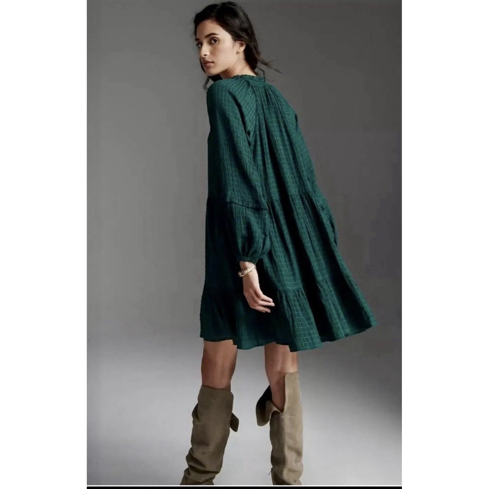 Listicle Women's Small Tiered Tunic Long Sleeve V-Neck Dress Green Flowy Boho - Image 3