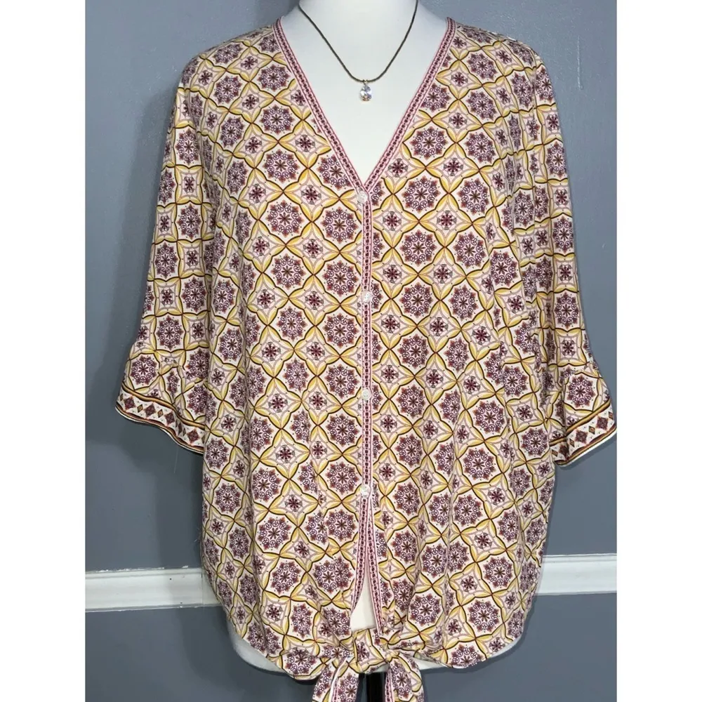 Max Studio Mustard & Purple Mediterranean Print Short Sleeve Tie Waist Top XL - Image 6