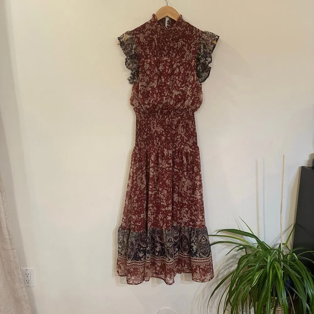 Aqua Floral Midi Dress sz S Short Sleeve Smocked Midi Dress - Image 2