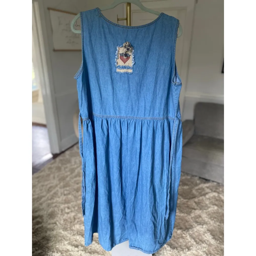 Vintage Denim Jumper Maxi Dress Country Patchwork Appliqué M/L Americana Prairie - Image 3