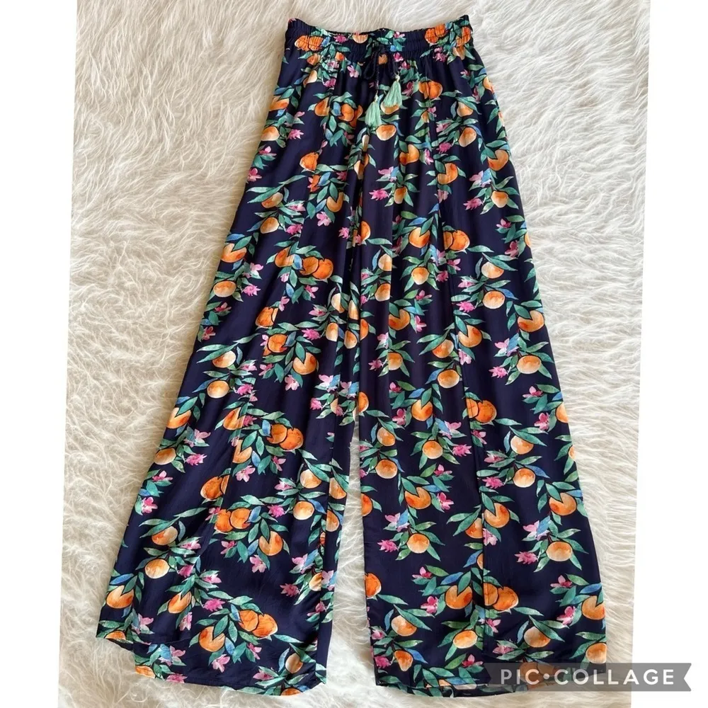 NWT La Blanca Palazzo Pants Blue Floral Front Slit Wide Leg Blue XS Pool Resort - Image 13
