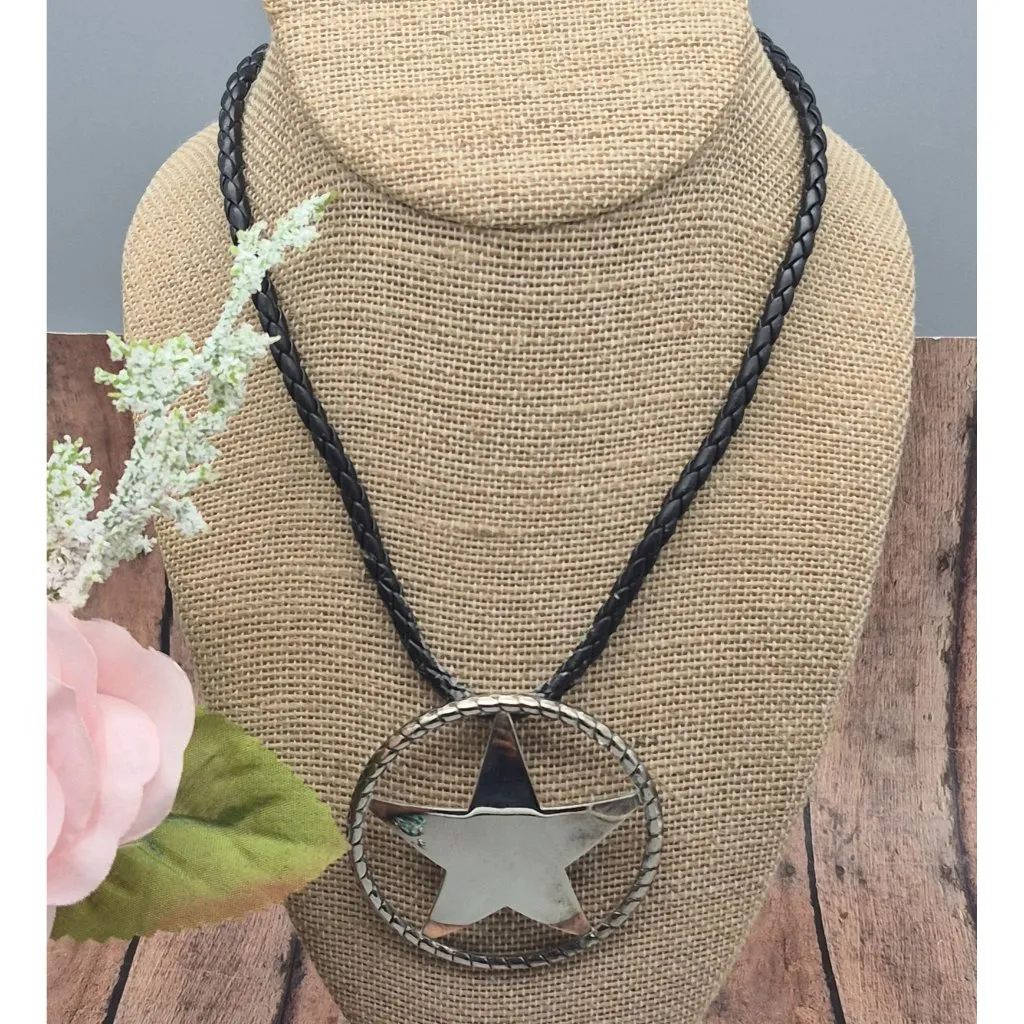 Western Texas Star Brooch Pin Pendant on a Black Faux Cord Collar Necklace 18" - Image 6