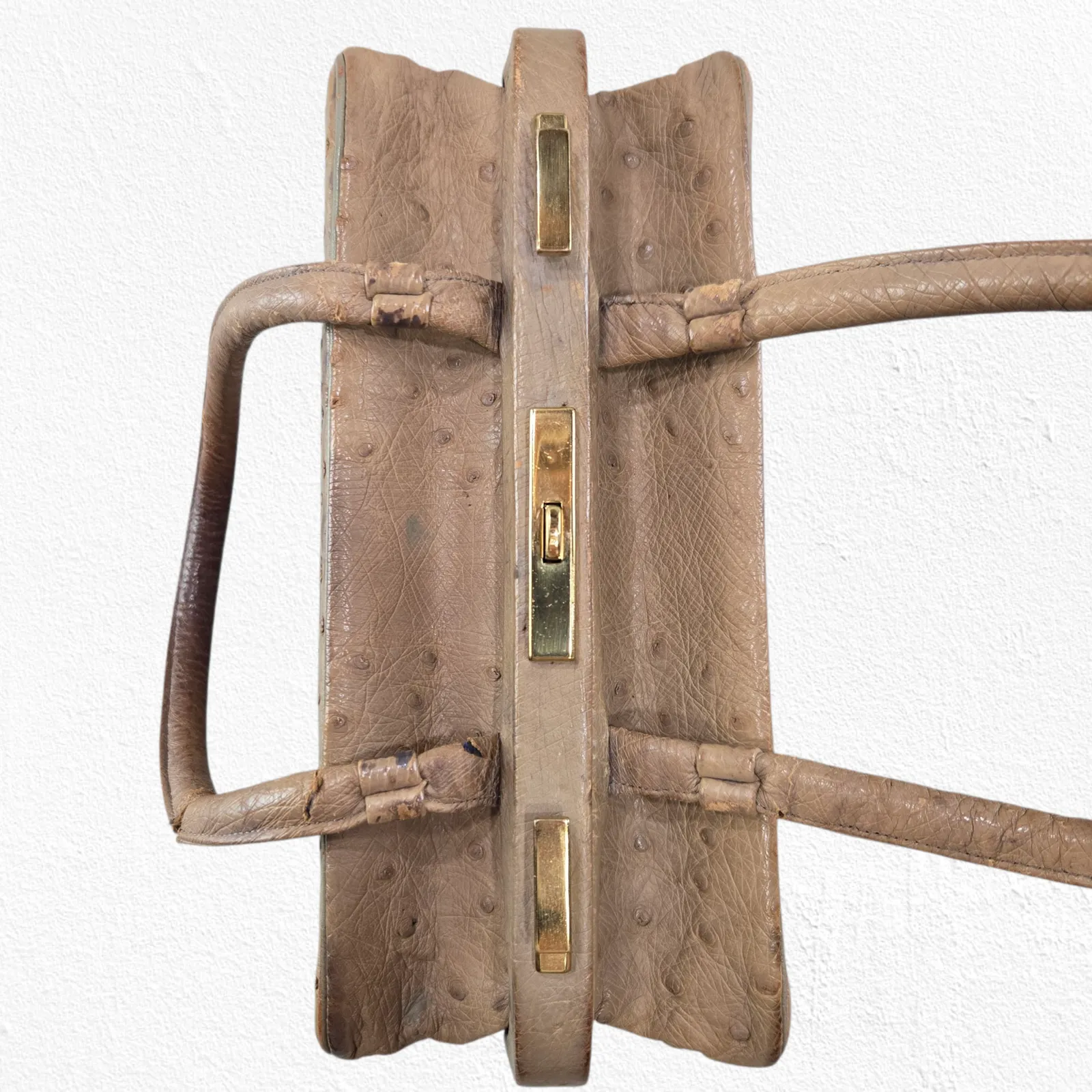 Vintage 50s Genuine Ostrich Leather Beige Top Handle Frame Bag with Coin Purse Tan - Image 8