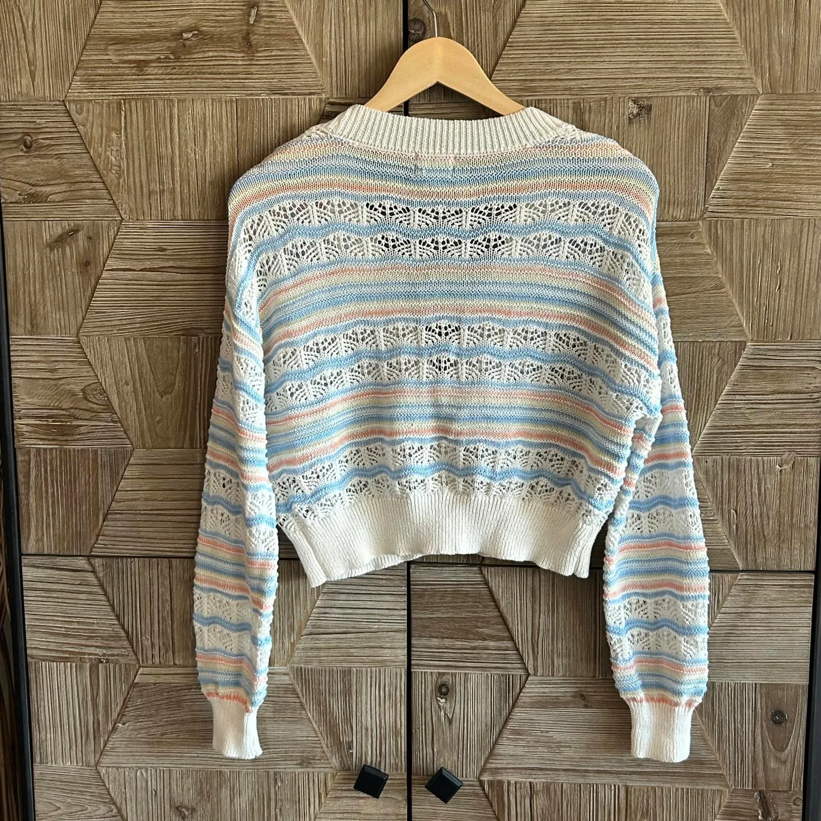 Major Label Group Cardigan Sweater Sz Small White Stripe Crochet Fairycore - Image 2