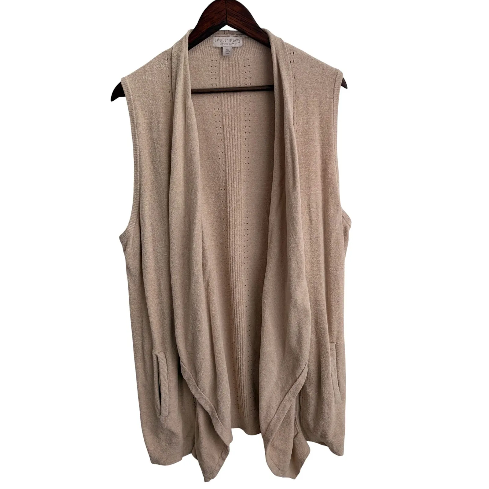 Barefoot Dreams CozyChic Ultra Lite Pointelle 1X Beige Sleeveless Cardigan Vest - Image 3