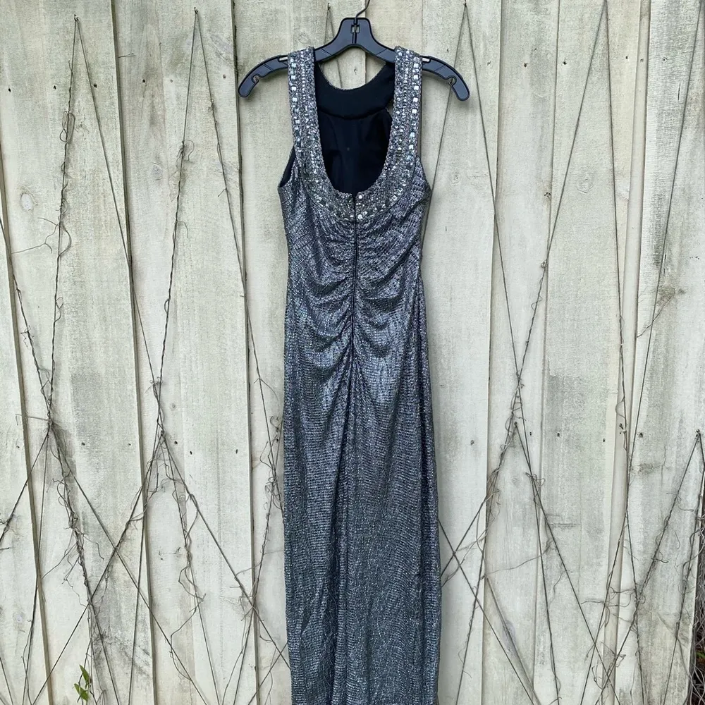 Cache Silver Metallic Beaded Embellished Evening Gown Maxi Dress 0 XS Y2K - Image 3