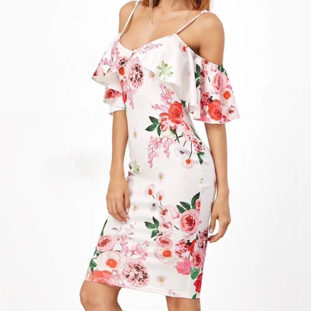 ✨2xHP✨Open Shoulder Rose Print Frill Dress✨ White Size M - Image 4