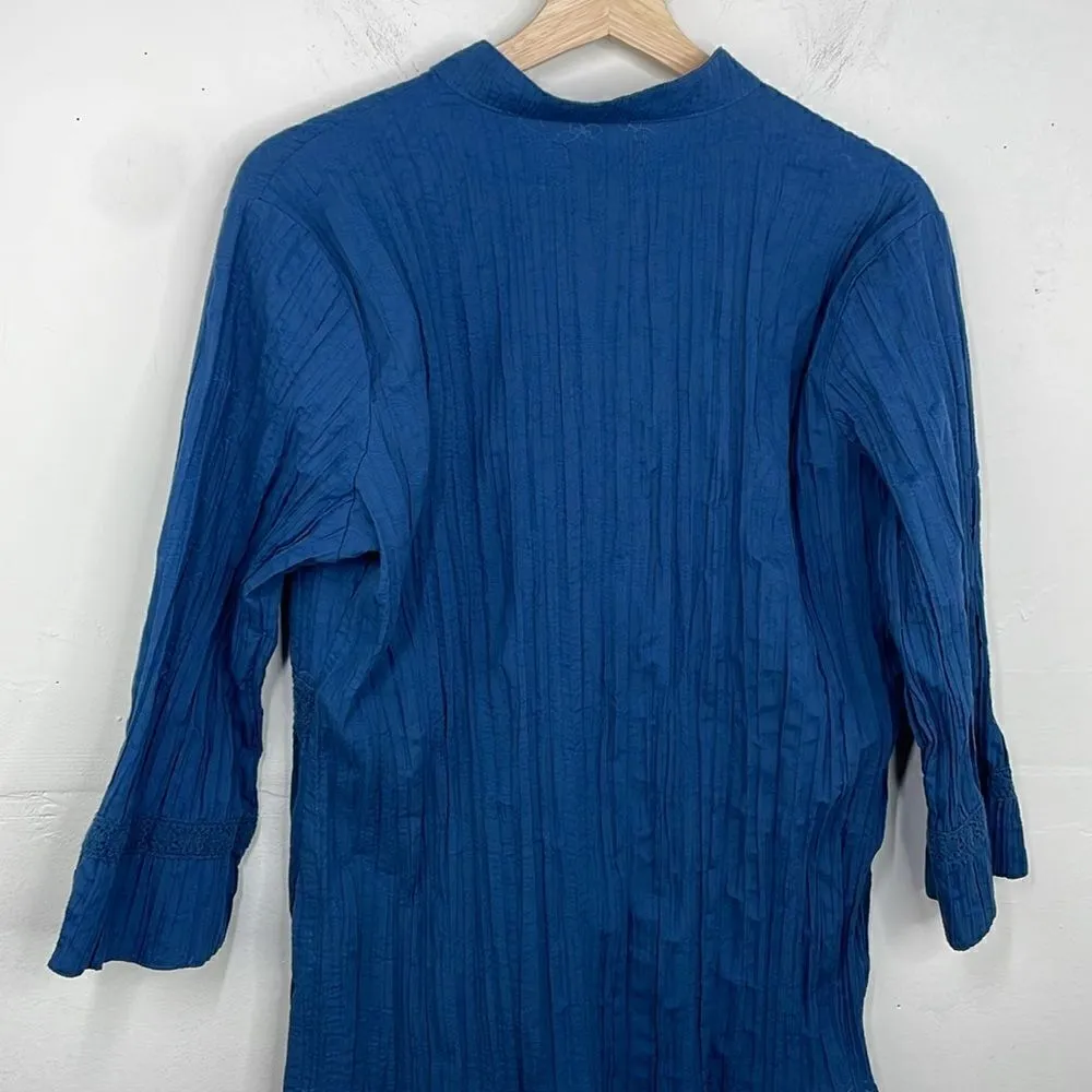 Cottagecore Boho Crinkled Button Down Crew Neck Crochet Detail 3/4 sleeve Large - Image 9