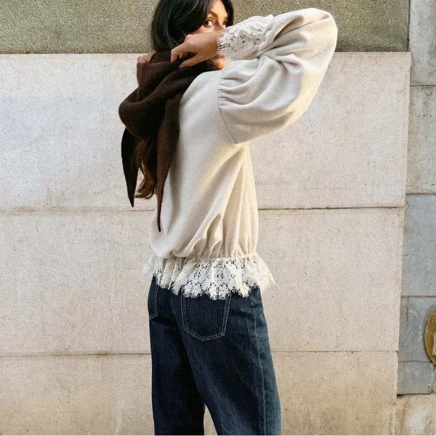 Zara NWT cream long sleeve puff sleeve lace trim top - Image 7