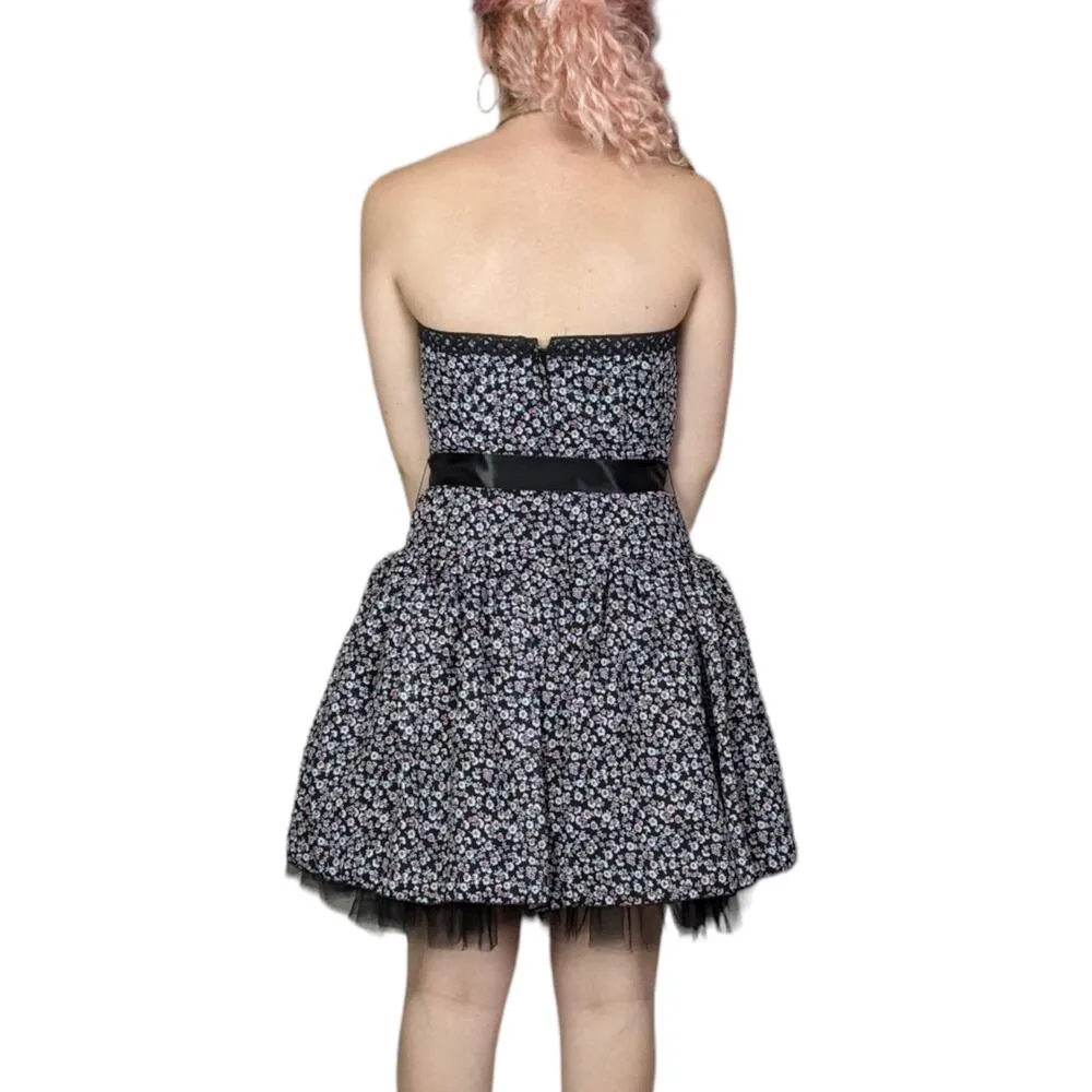 Jessica McClintock Strapless Floral Print Drop Waist Semi Formal Dress Black - Image 3