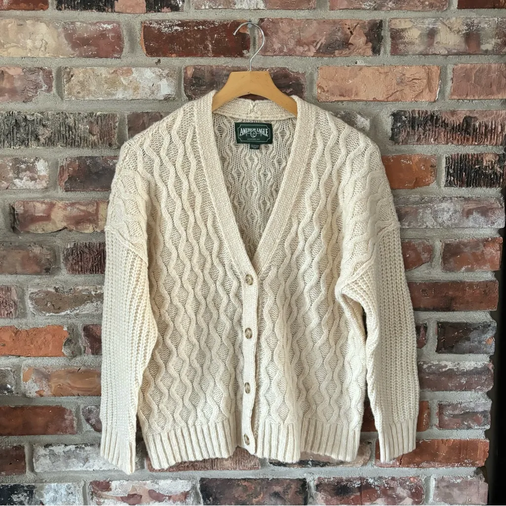 American Eagle Cream Cable Knit Cardigan Sweater, XS - Image 2