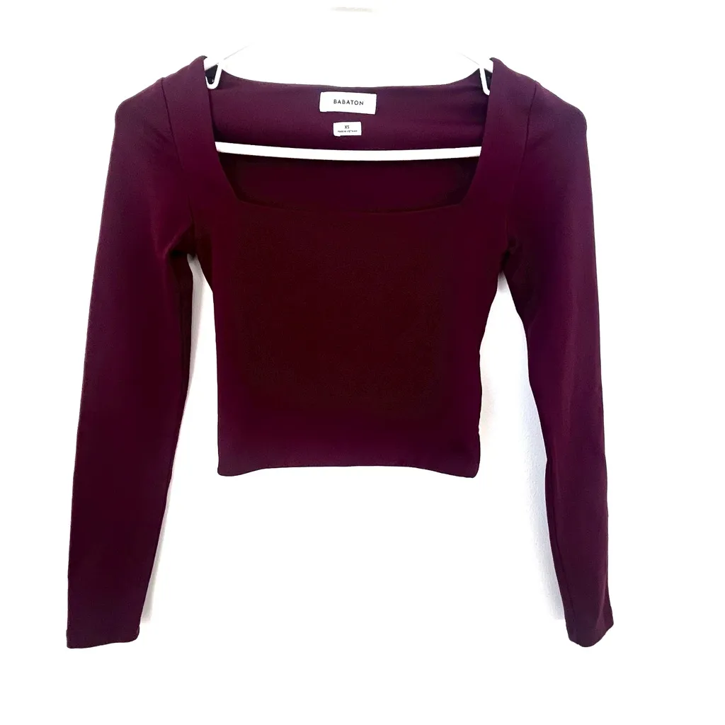 Aritzia Babaton Contour Maroon Square Neck Long Sleeve Crop Top Shirt Size XS - Image 2