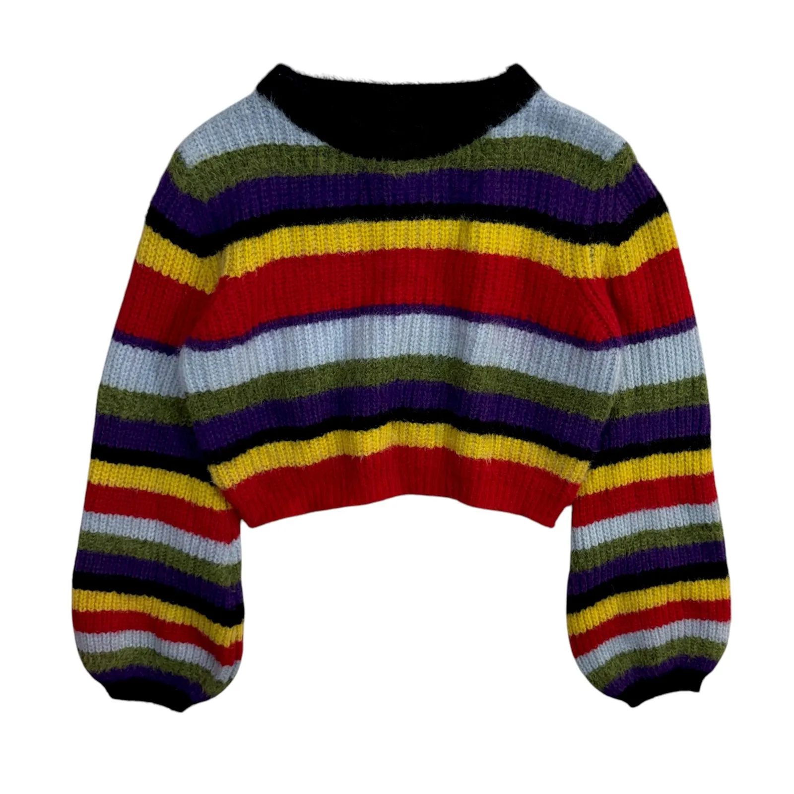 AKIRA L Cropped Sweater Rainbow Fuzzy Stripe Knit Bold Y2K Cozy EGirl Maximalist - Image 2