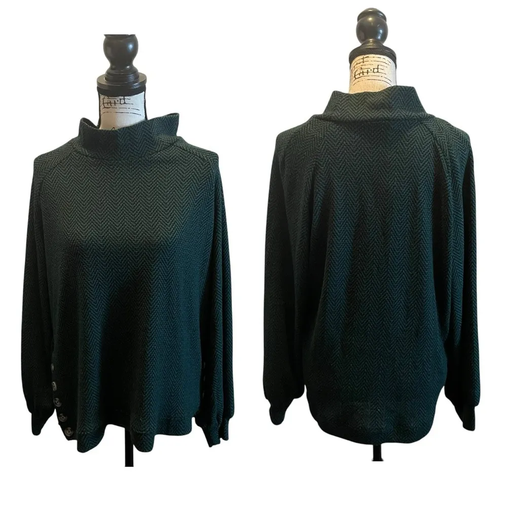 Como Blu Turtleneck Knit top Green black size Large Balloon sleeve mock neck - Image 10