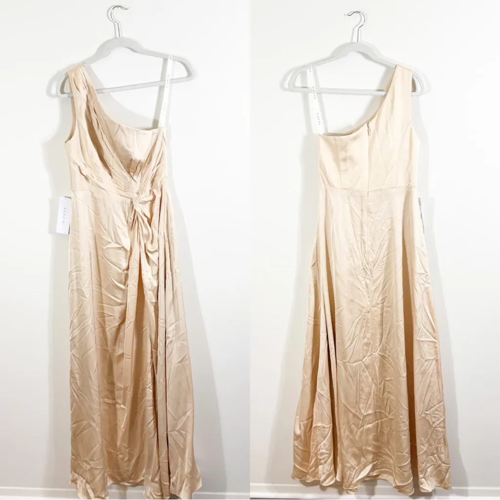 NWT Azazie Brooke Gold A-Line One Shoulder Satin Bridesmaid Maxi Dress Size 8 - Image 4