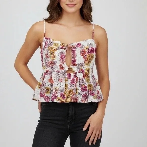 Wayf Eyelet Peplum Cami‎ Top Cut Out Tie Front Sleeveless Floral XL - Image 3