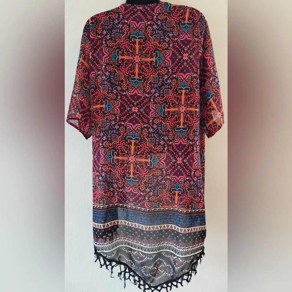 Rue 21 Women’s Monroe Kimono Purple Red Geometric Fringe Hem Open Front Top L - Image 5