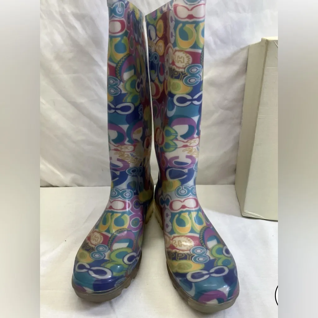 Coach Pixy Multi Poppy Graphic Print Rain Boots Size 8 with Original Box - Image 5