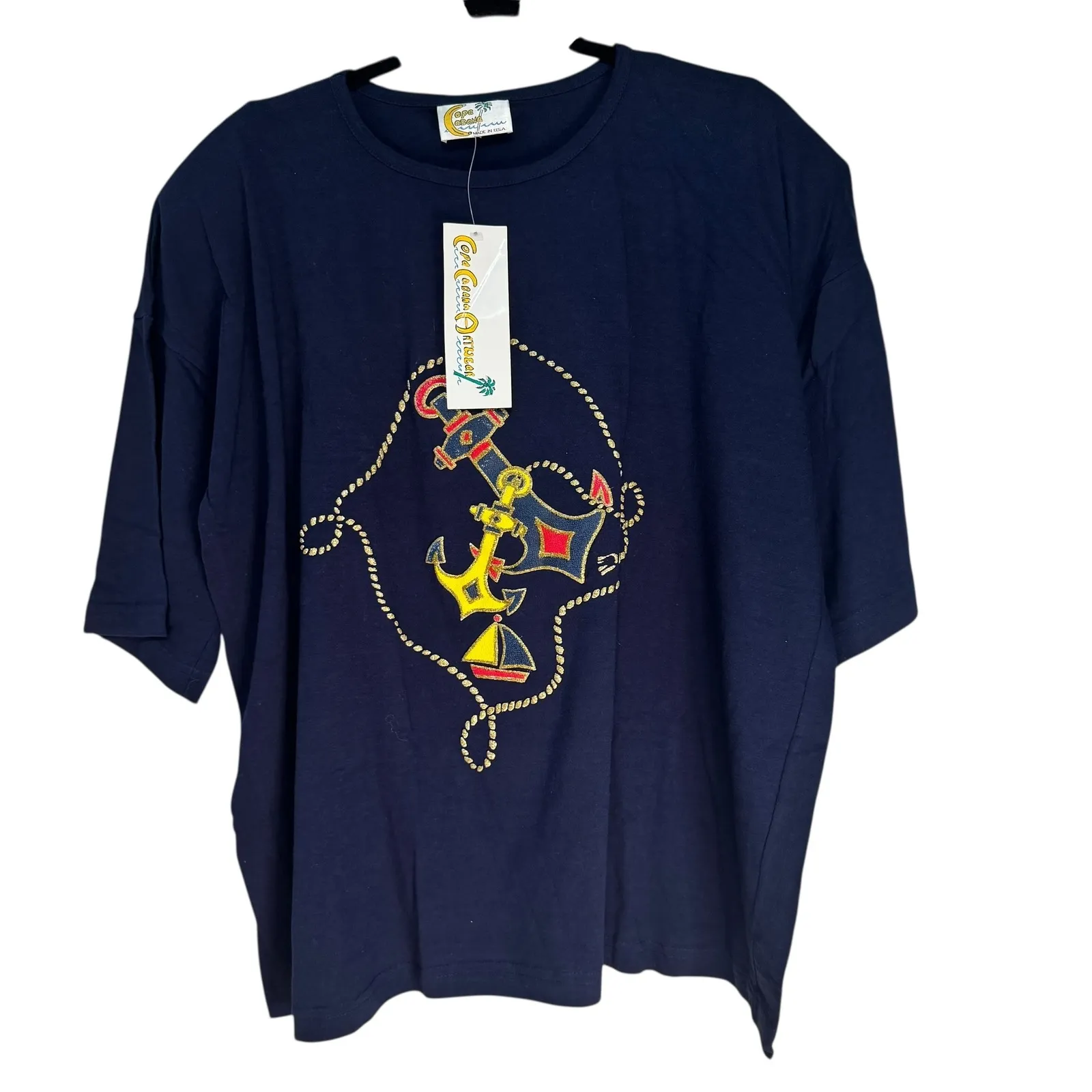 Copa Cabana Artwear Navy Blue Anchor Sailboat Embroidered T Shirt One Size Most - Image 2