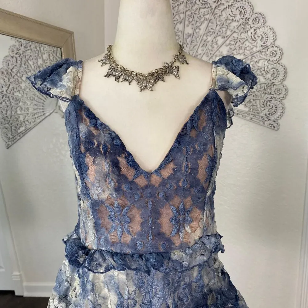 Fairy Coquette Asymmetric Celestial Blue White Silver Lace Peplum Babydoll Top S - Image 3