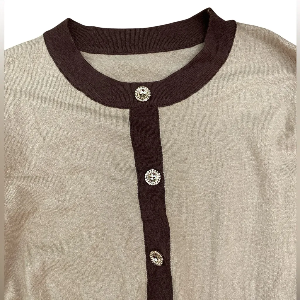 Old money beige w/ brown trim stretch knit long sleeve sweater midi dress - Image 3