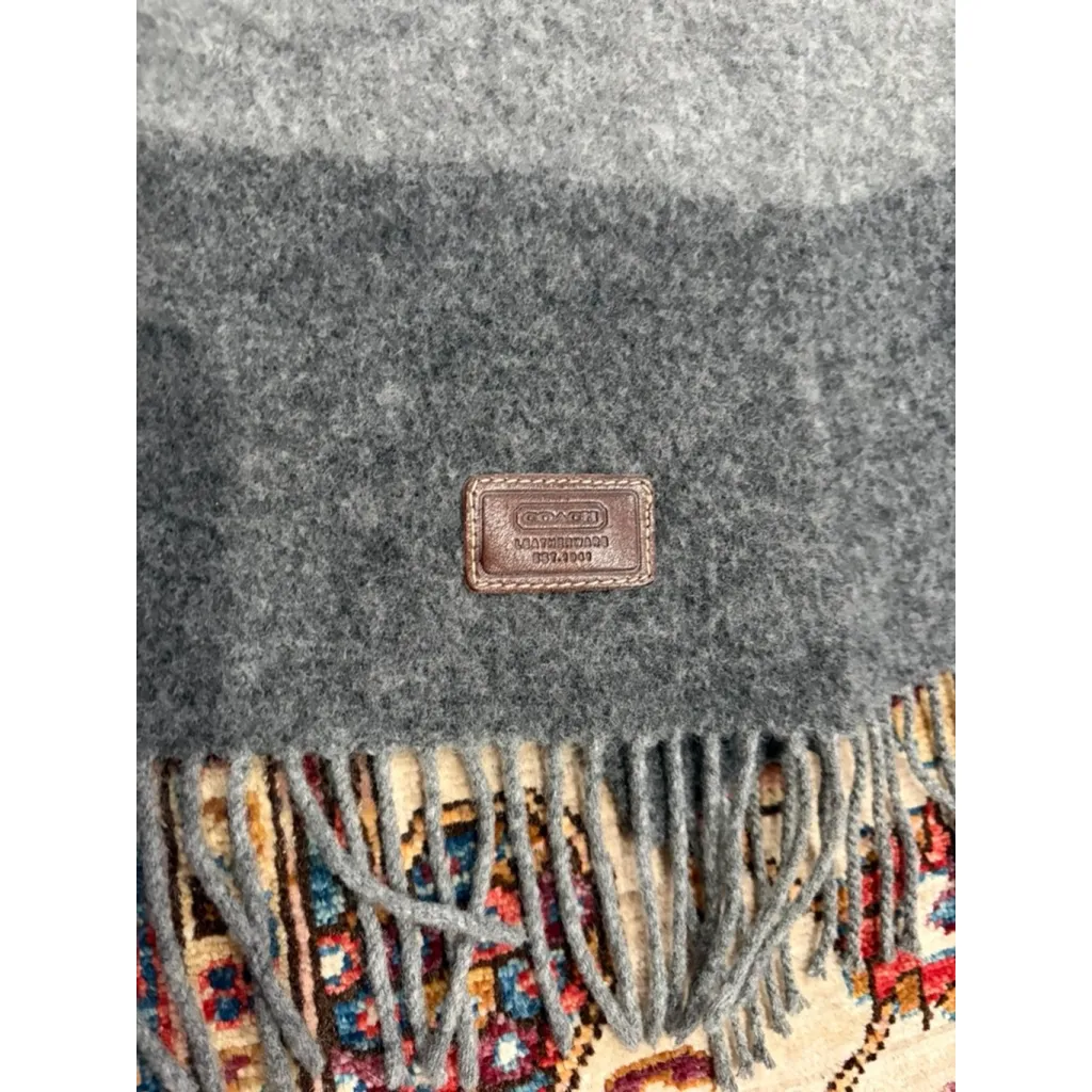 Coach 100% Lambswool Ombre Gray Stripe Fringe Scarf Made in Scotland Unisex Wint - Image 3