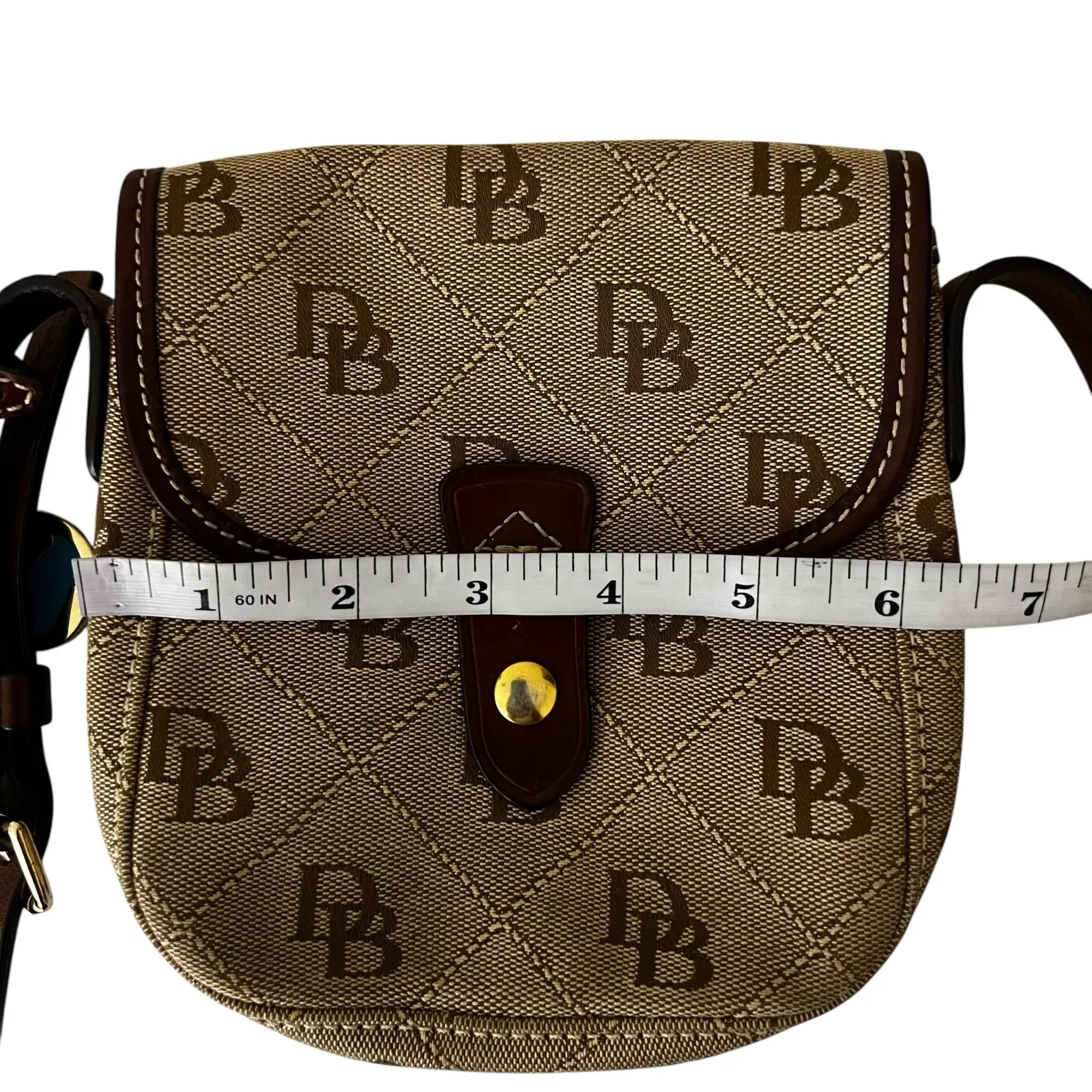 Vintage Dooney & Bourke Crossbody Bag Brown Monogram Logo Flap Canvas Leather - Image 7
