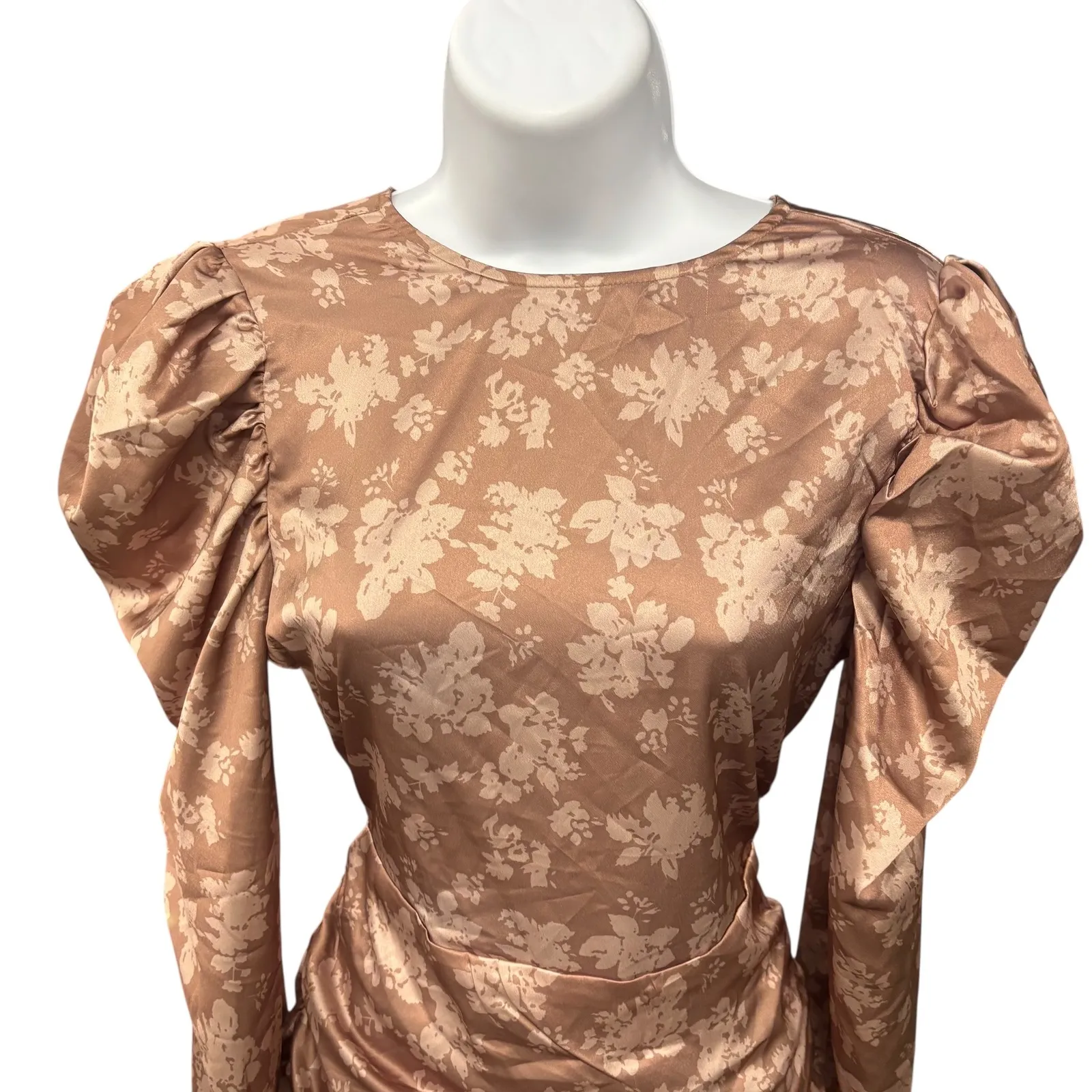 Nasty‎ Gal Shadow Print Mini Dress Taupe Floral Puff Sleeve Tie Back Size 12 - Image 2