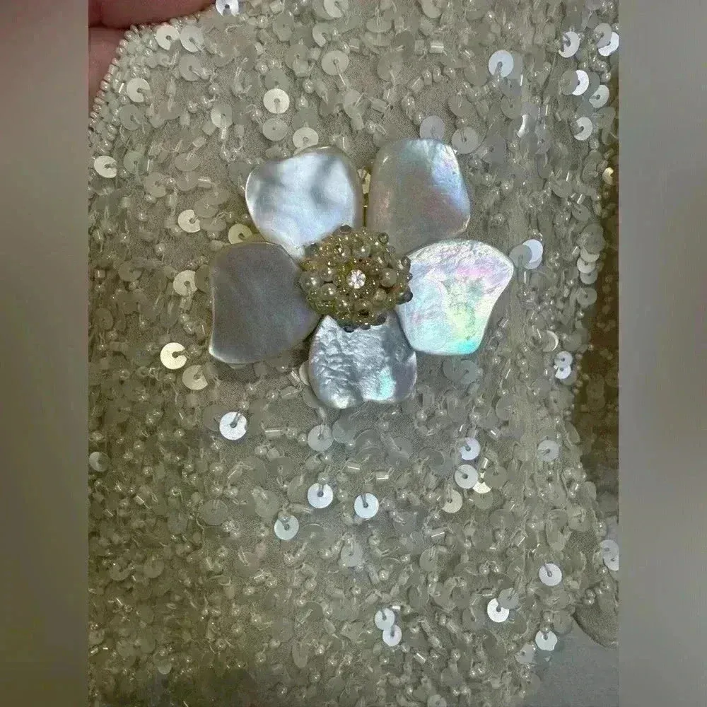 Vintage Papell Boutique Women’s Sequin Beaded Split Flutter Sleeve Silk Blouse - Image 8