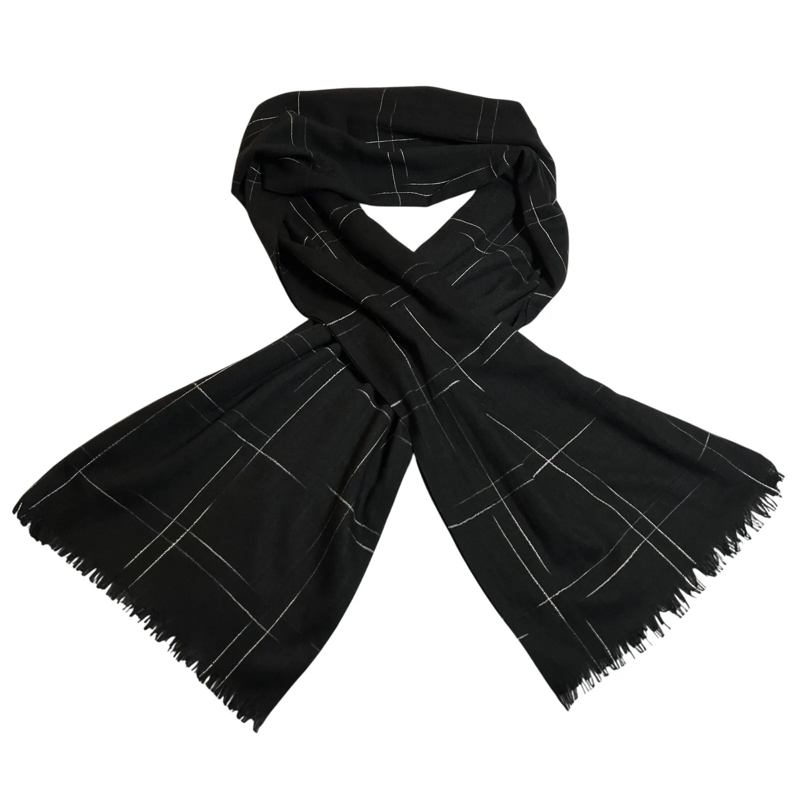 Women's Windowpane Scarf with Raw Hem Preppy Lightweight Minimalist Modest Black - Image 1