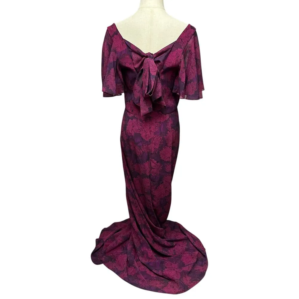 SACHIN & BABI Sz 6 US Magenta Purple Floral Gown Square Neck Flowy Chiffon Dress - Image 3