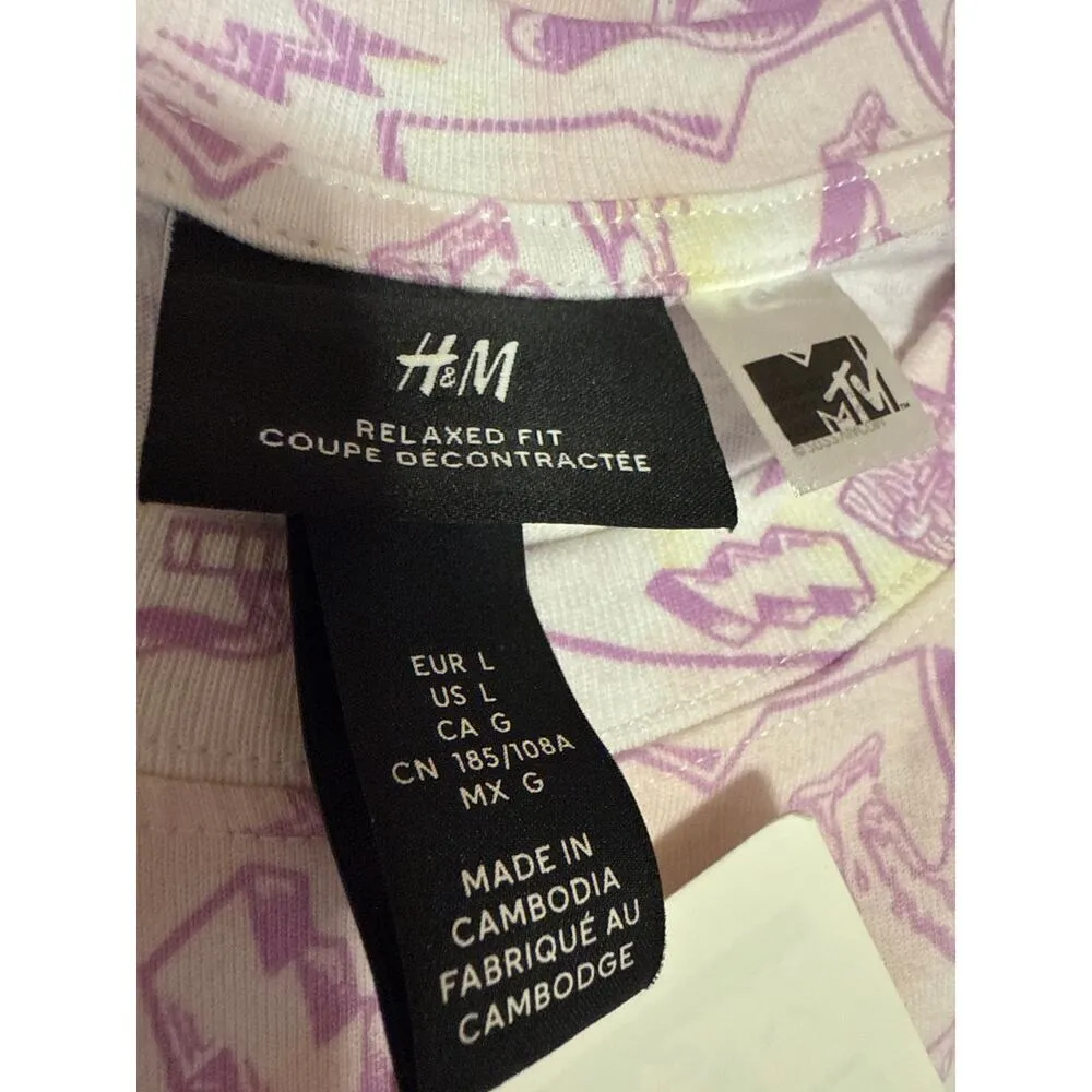 NEW H&M MTV Men's White Purple Short Sleeve Knit Graphic Tee T-Shirt Top Size L - Image 3