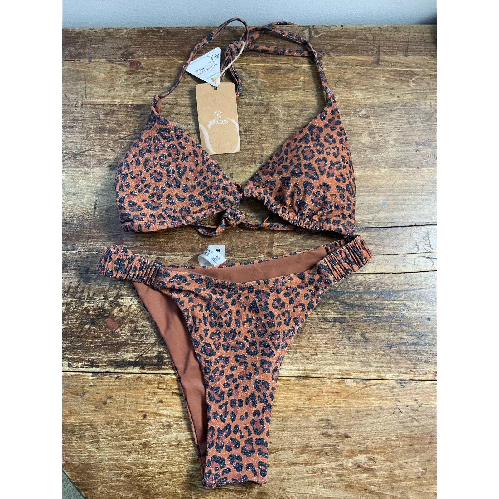 Berlook Leopard Print Halter‎ Triangle Bikini NWT size medium Brown - Image 4
