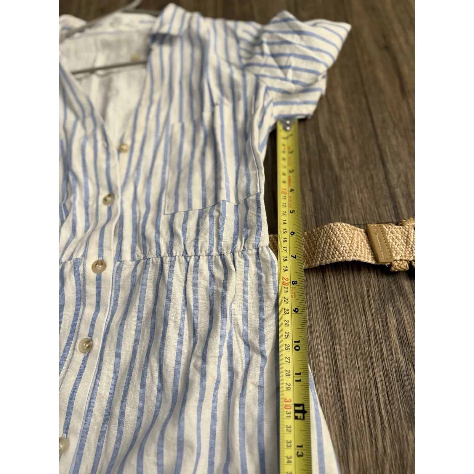 August Sky Women's Linen‎ Blend Dress Blue Striped Maxi with Roll Tab and Belt S - Image 12