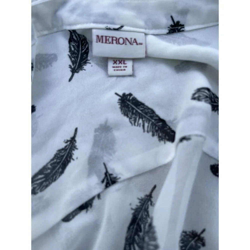 MERONA | BLOUSE TOP SIZE XXL WHITE FEATHER PRINT HIGH-LOW HEM - Image 4