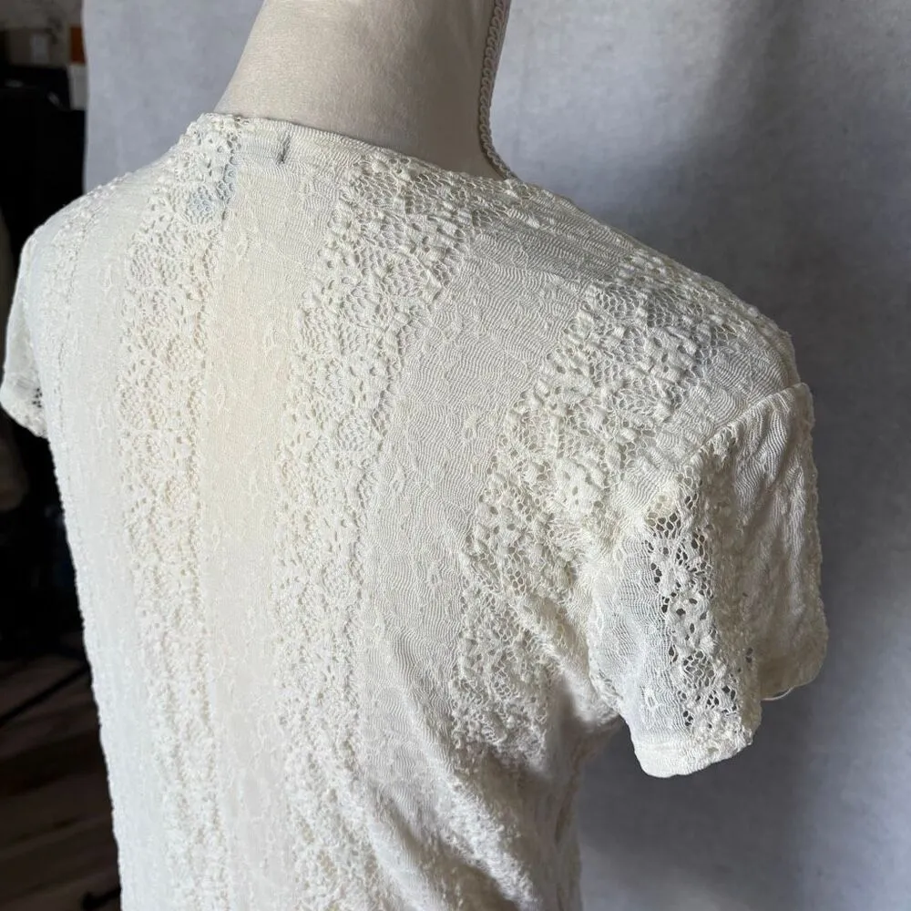 Vintage Ivory White V-neck Short-sleeve Lace Top Stretch Fitted Y2K Rafaella - Image 4