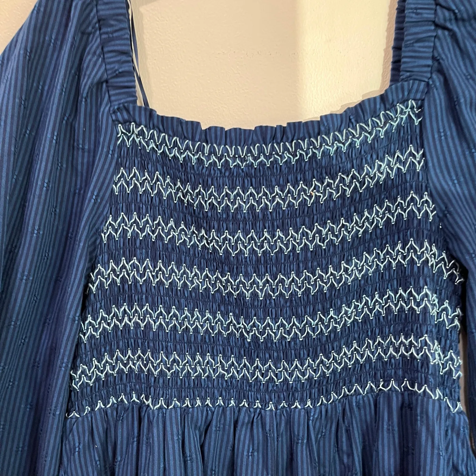 Draper James RSVP Navy Smocked Square Neck Long Sleeve Midi Dress Pockets Sz L - Image 5